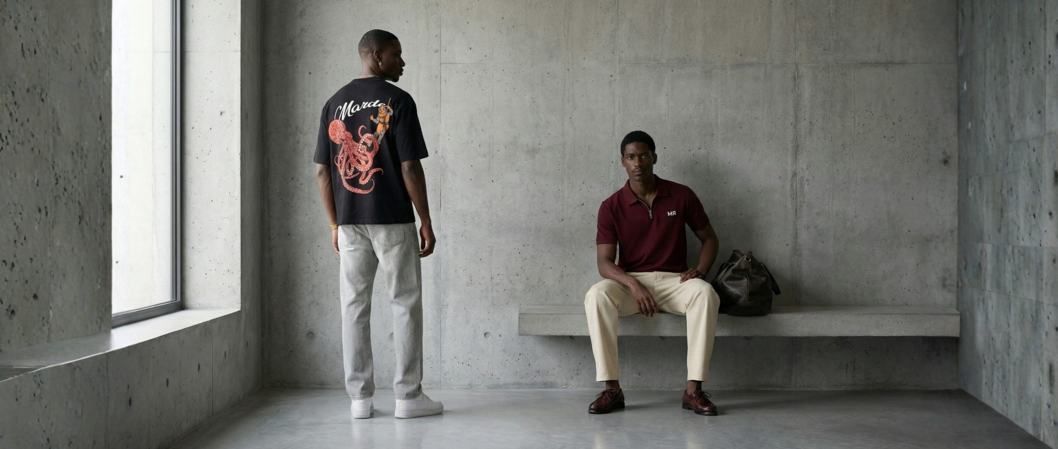 Two men in a minimalistic room with concrete walls and a large window.