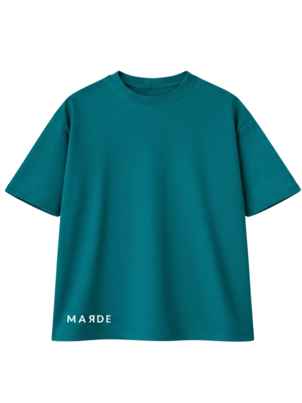 Teal t-shirt with 'MARDE' branding on a white background