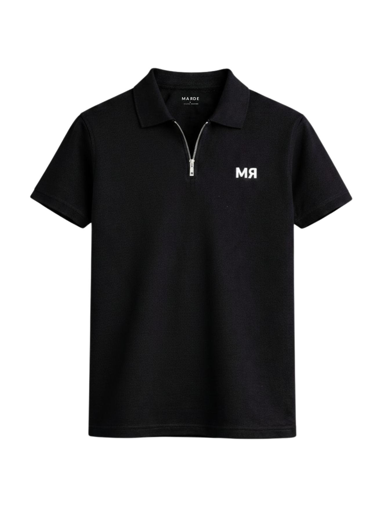 Black polo shirt with white logo on a white background