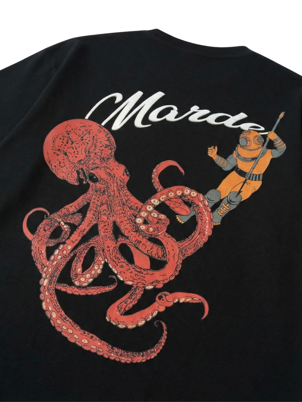 Black t-shirt with red octopus design and character on a white background