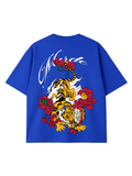 Blue t-shirt with a tiger and floral design on the back, on a white background
