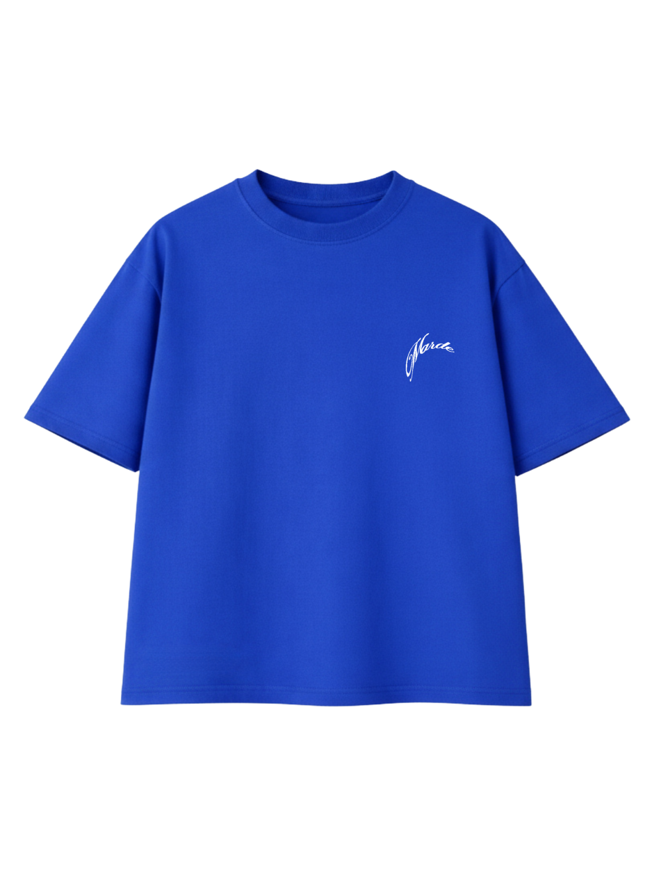 Blue t-shirt with a white logo on a white background