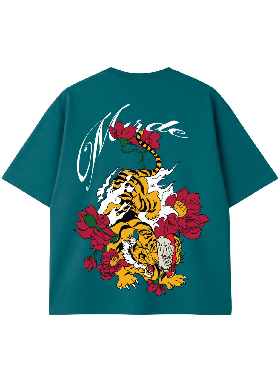 Teal t-shirt with a tiger and floral design on the back, on a white background