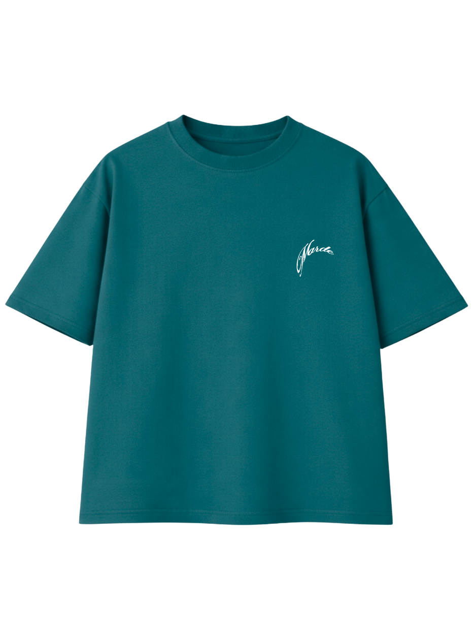 Teal t-shirt with a logo on a white background